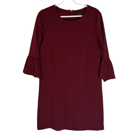 Banana Republic Plaid Textured Burgundy Dress With 3/4 Bell Sleeves Size M - Picture 2 of 12